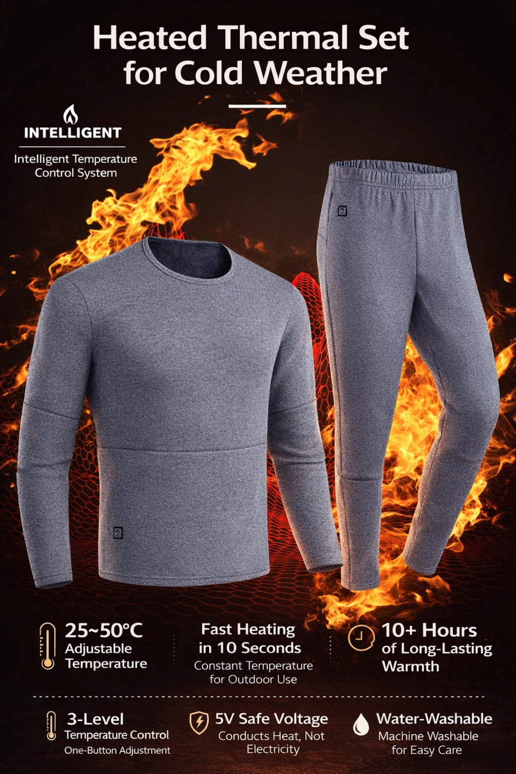 Smart Heated Thermal Underwear Set with Portable Battery